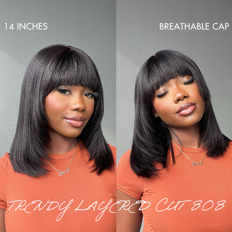 New Customers Only | Put On and Go Ash Blonde Highlight / Brown Highlight / Natural Black Layered Cut Yaki Straight Minimalist Lace Bob Wig