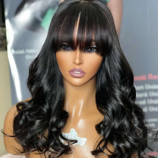 Gorgeous Natural Black Loose Wave With Bangs 4x4 Closure Lace Glueless Wig 100% Human Hair - US Only