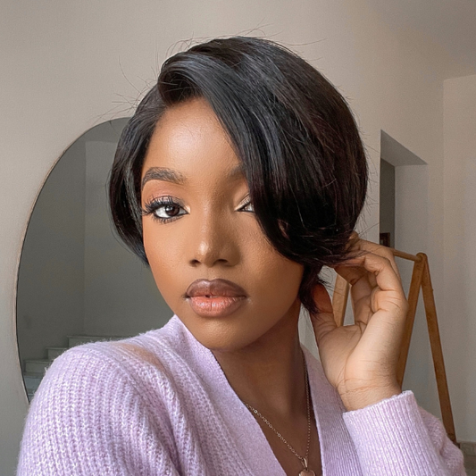 Mature Boss Natural Black Pixie Cut Glueless 13x4 Frontal Lace C Part Short Wig