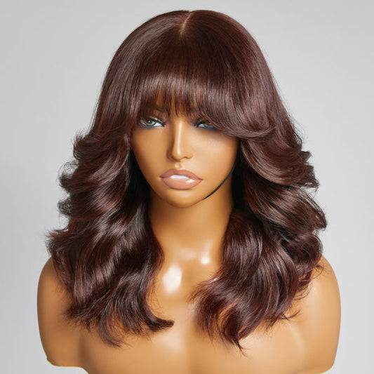Layered Chocolate Brown Loose Body Wave With Bangs 4x4 Closure Lace Short Wig 100% Human Hair