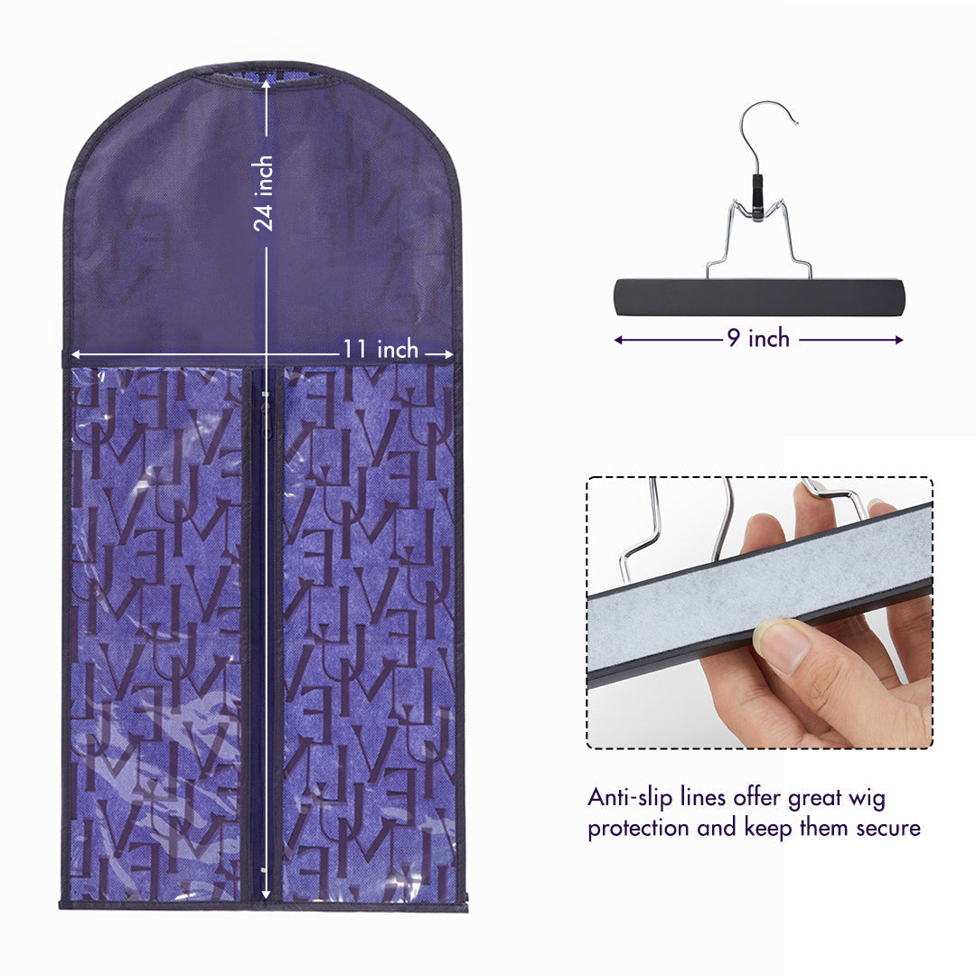 2pcs Portable Hair Extension Storage Wig Bags with Anti-slip Wooden Hanger & Transparent Zip Up Closure | Add-on Item