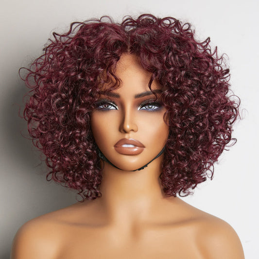 Trendy Burgundy Curly Bob Glueless Minimalist Lace T Part Wig 100% Human Hair - 99J™