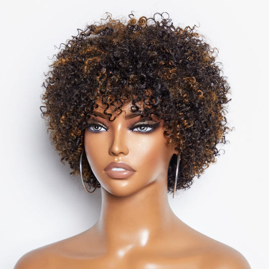 Dark Red / Blonde Highlights / Natural Black Afro Curls Glueless Ready to Go Wig Beginner Friendly - US Only
