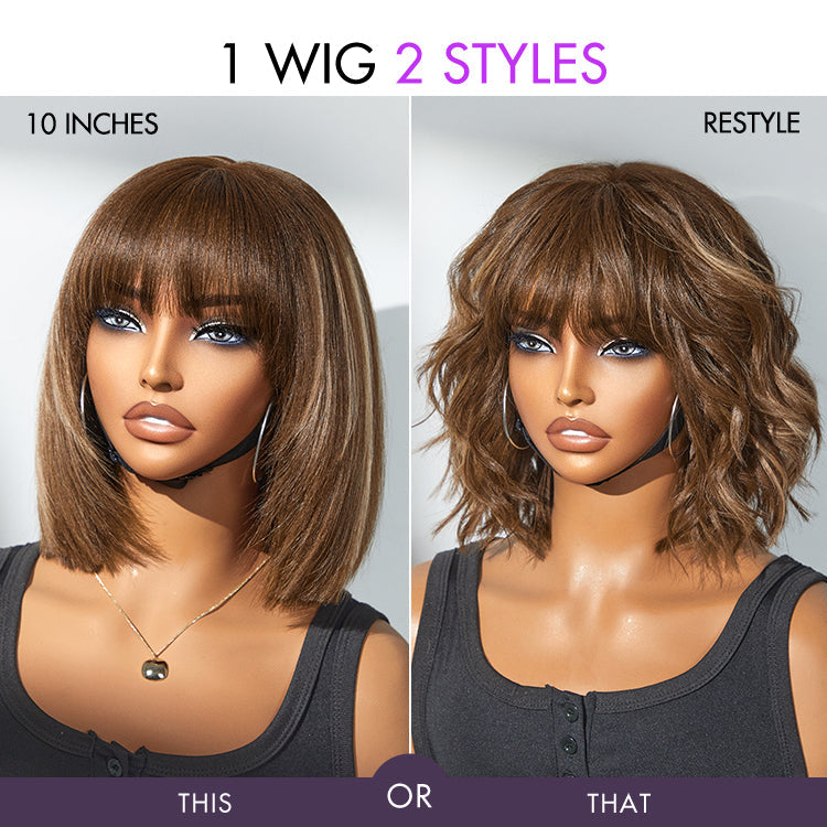 New Customers Only | Put On and Go Ash Blonde Highlight / Brown Highlight / Natural Black Layered Cut Yaki Straight Minimalist Lace Bob Wig