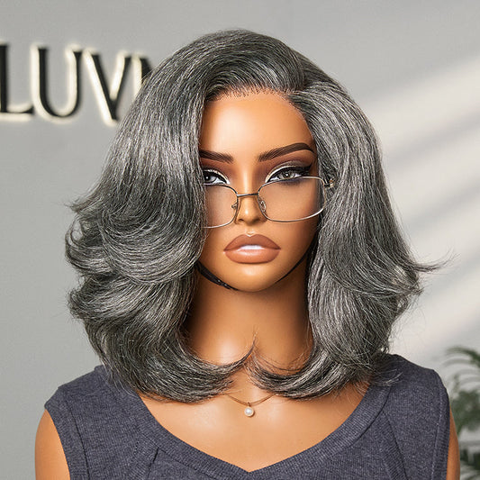 Put On and Go Salt and Pepper Layered Bob Glueless Pre-Cut Minimalist Lace Grey Wig
