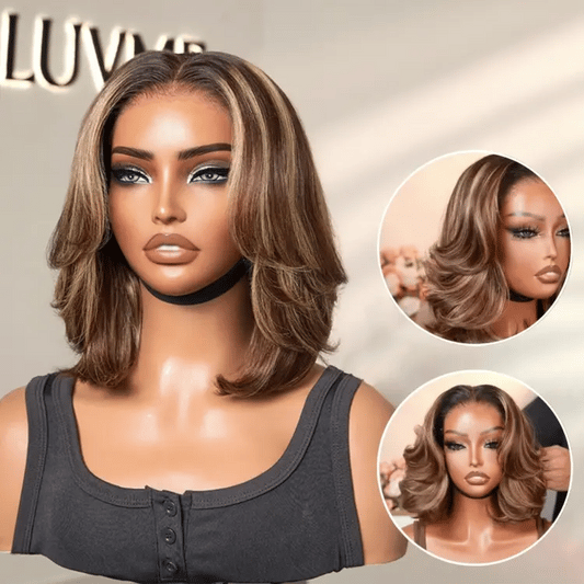 Tiktok Exclusive Deal | Blonde Highlight / Brown Highlight Short Layered Bob Wig Glueless 5x5 Closure Pre-Cut Lace Wig