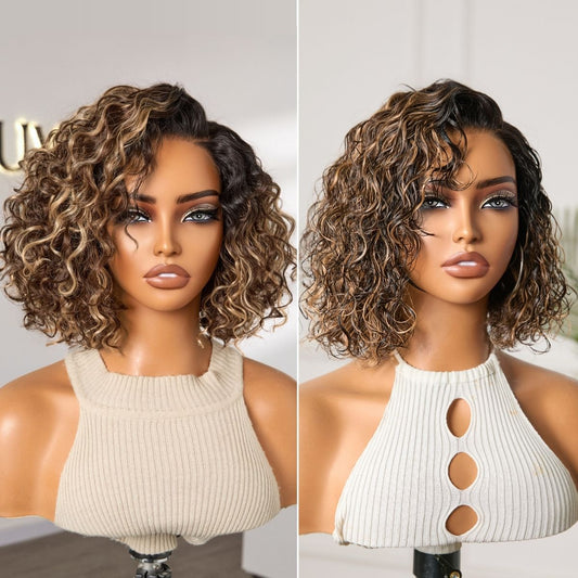Tiktok Exclusive Deal | Ready to Go Blonde Highlight / Natural Black / Ombre Brown Water Wave Short Curly Bob Wig Glueless Minimalist HD Lace Wig Pre-Cut Lace