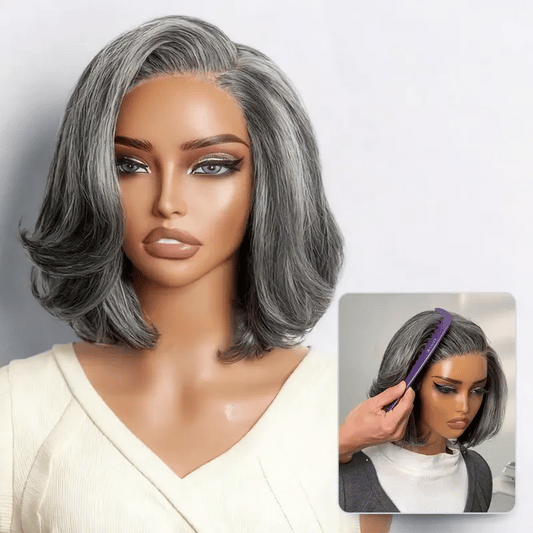New Customers Only | Salt & Pepper 100% Human Hair Layered Bob Wig Glueless Minimalist Lace Grey Wig Pre-Cut Lace