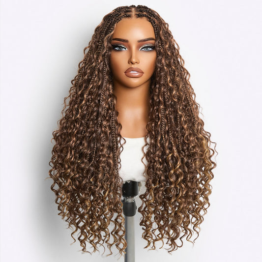 OwnScalp™ Mix Blonde / Natural Black Light Weight Flexi-Fit Invisi Drawstring Cap HD Full Lace Knotless Boho Curls Braided Long Wig Super Natural Scalp - US Only