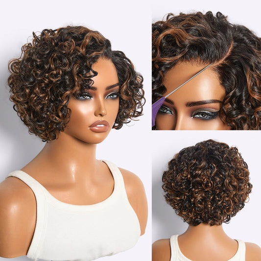 New Customers Only | Brown Highlight / Natural Black Water Wave Pixie Cut Glueless Minimalist HD Lace Short Curly Wig