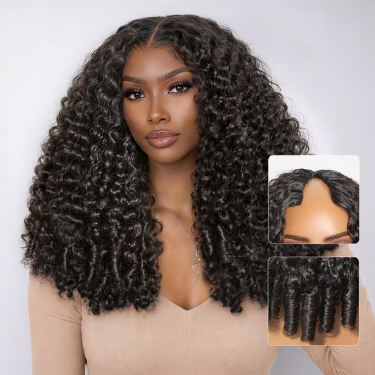 New Customers Only | True Scalp V Part 180% Density Burmese Curly Finger Coil Ends Glueless Human Hair Wig with Flexi-Fit Drawstring