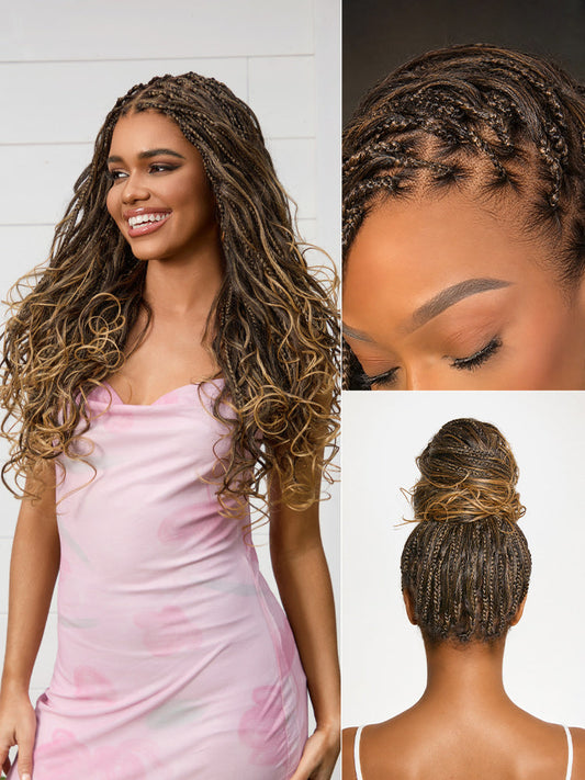 OwnScalp™Ombre Honey Blonde French Curl Knotless Boho Braids HD Full Lace Long Wig Flexi Fit Invisi Drawstring Cap - US Only