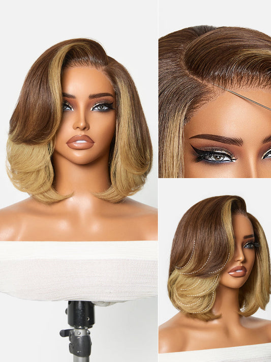 All-Day Comfort Honey Blonde Face-Framing Highlights Blow Out Layered Cut Glueless 5x5 Closure Lace Bob Wig Pre-cut Lace