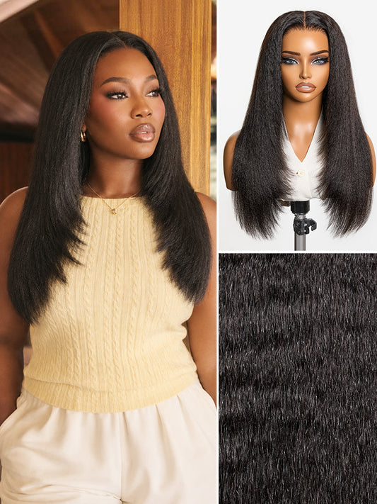 180% Density Light  Kinky Straight Butterfly Cut Layered  Glueless 7x6 Closure HD Lace Wig Pre-Cut Lace