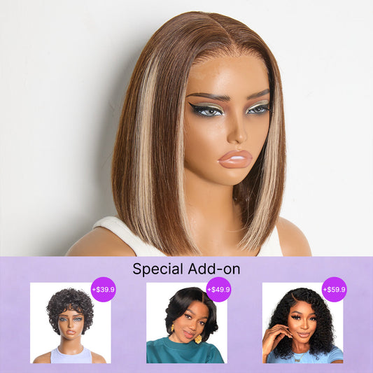 Special Add-On | Ash Blonde Highlight Glueless 5x5 HD Closure Lace Bob Wig Pre-Cut Lace Flexi-Fit Drawstring Cap