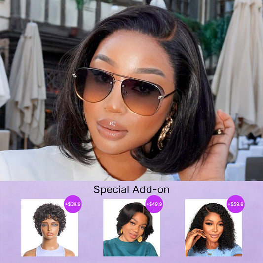 Special Add-On | PreMax Wigs - Natural Black C Part Glueless Lace Front Bob Wig Pre-cut Lace