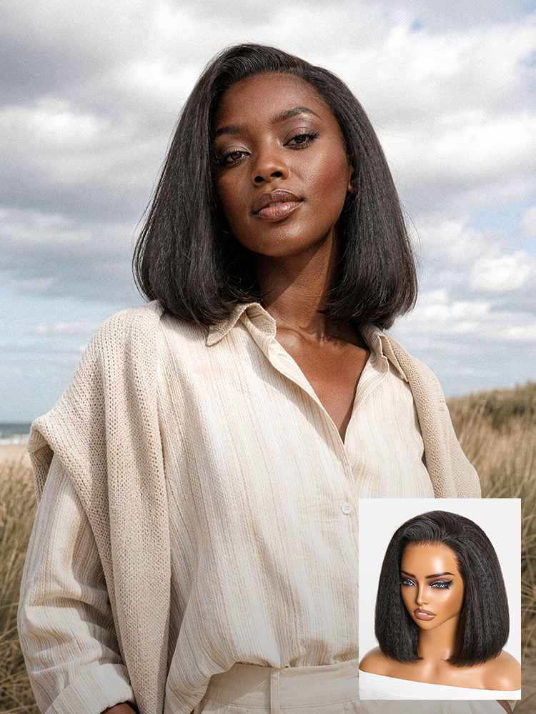 3-In-1 Half Wig 180% Density Kinky Straight Bob Glueless Flexi-Fit Drawstring Wig