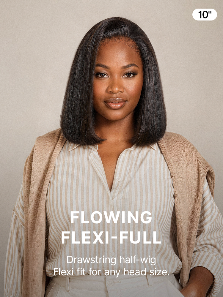3-In-1 Half Wig 180% Density Kinky Straight Bob Glueless Flexi-Fit Drawstring Wig