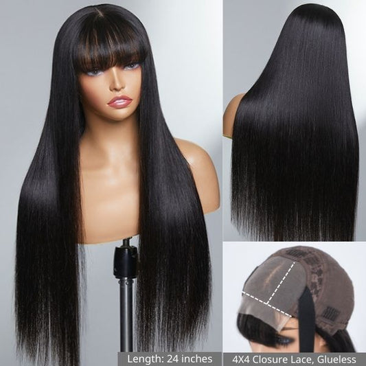 Long Silky Bone Straight Lace 4x4 Closure Wig With Bangs