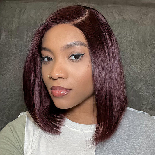 Reddish Purple Glueless Blunt Cut Bob 5x5 Closure Wig 100% Human Hair | Easy Install & Effortless