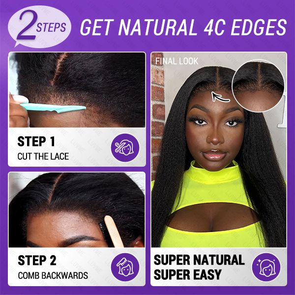 4C Edges | Natural Black Kinky Edges Kinky Straight 5x5 Closure Glueless Long Wig 100% Human Hair - US Only
