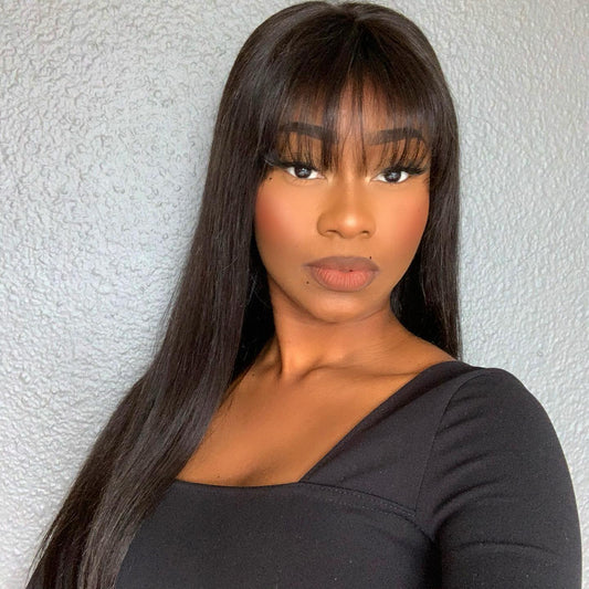 Throw On & Go Natural Black Straight No Lace Glueless Long Wig With Bangs - US Only